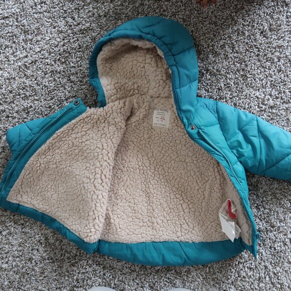 Zara Kid’s Baby Boy Teal Puffer Jacket Sherpa Lined 6-9M Front Pocket - Picture 3 of 5